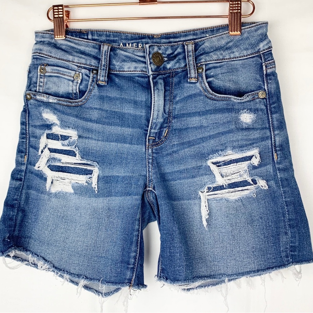 American Eagle Denim Jean Shorts NE(X)T LEVEL Stretch Distressed Cut Offs sz 0